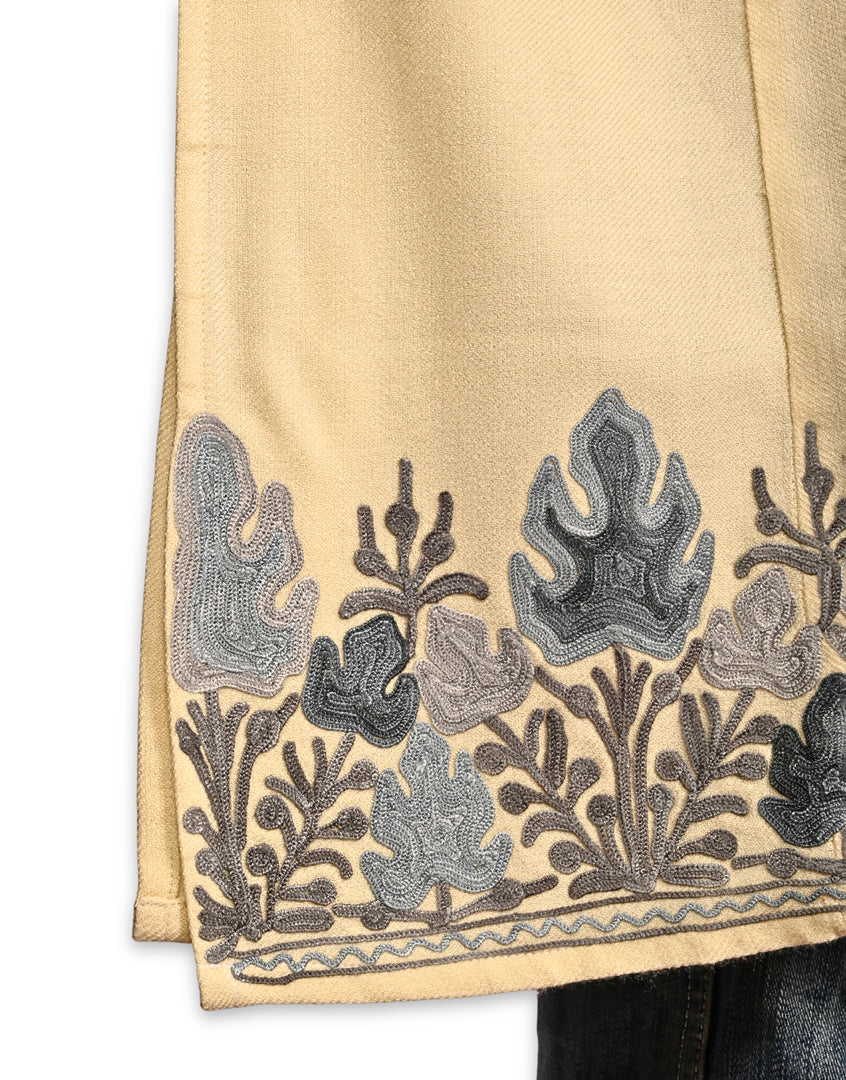 Butter Cream Cashmilon Wool Aari Embroidered Kashmiri Pheran - Pehnava