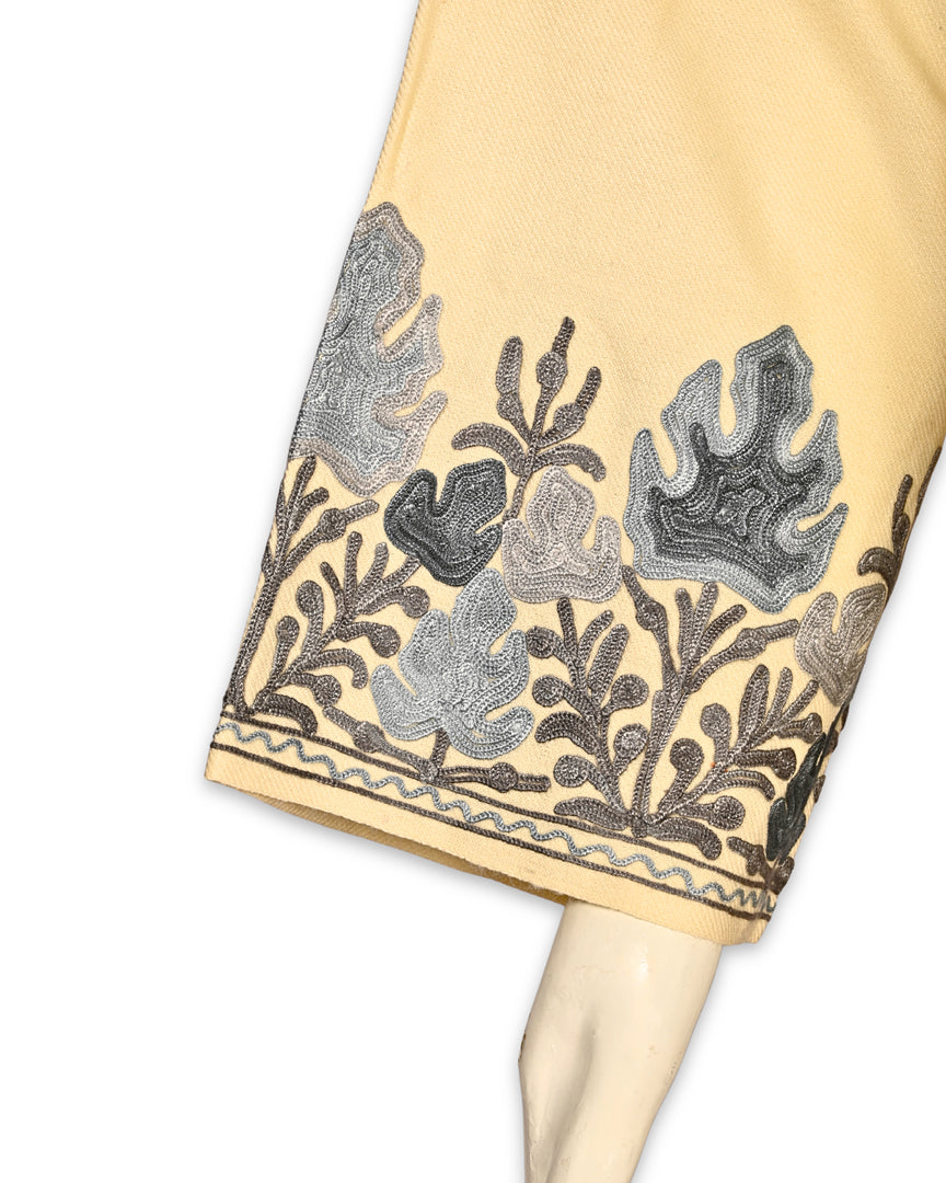 Butter Cream Cashmilon Wool Aari Embroidered Kashmiri Pheran - Pehnava