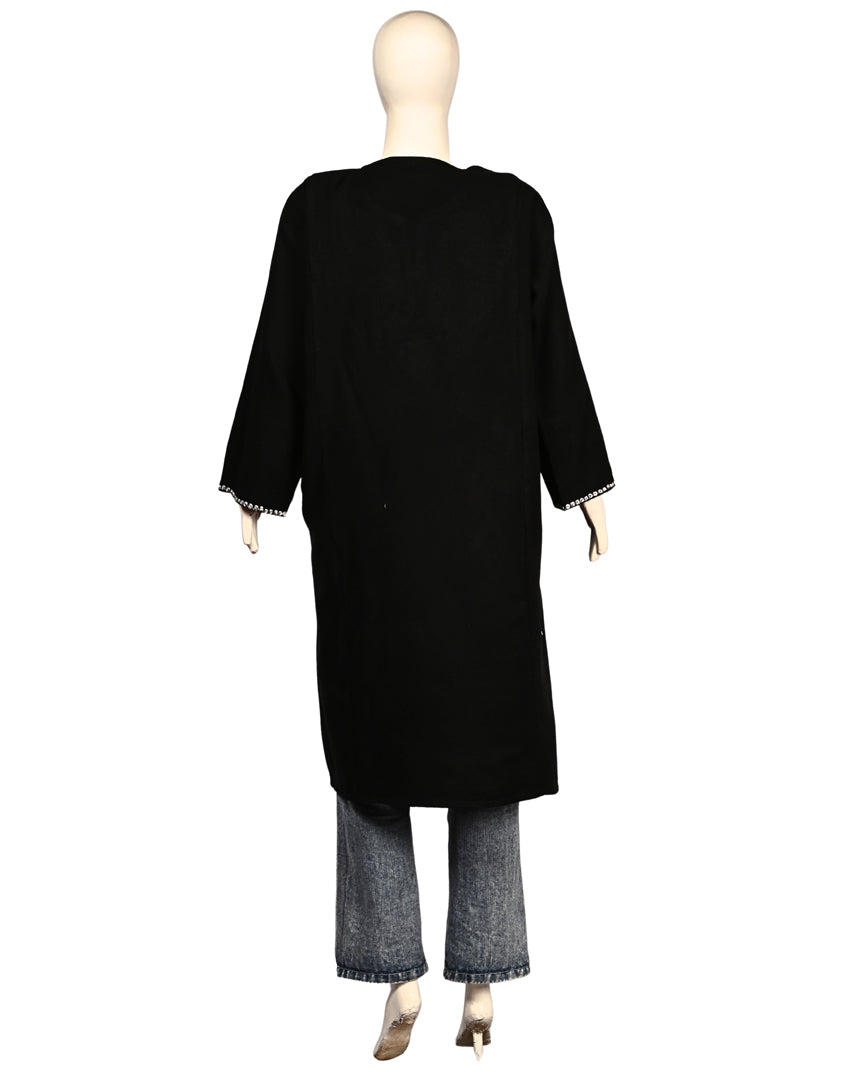 Classic Black Cashmilon Wool Zari Embroidered Kashmiri Pheran - Pehnava
