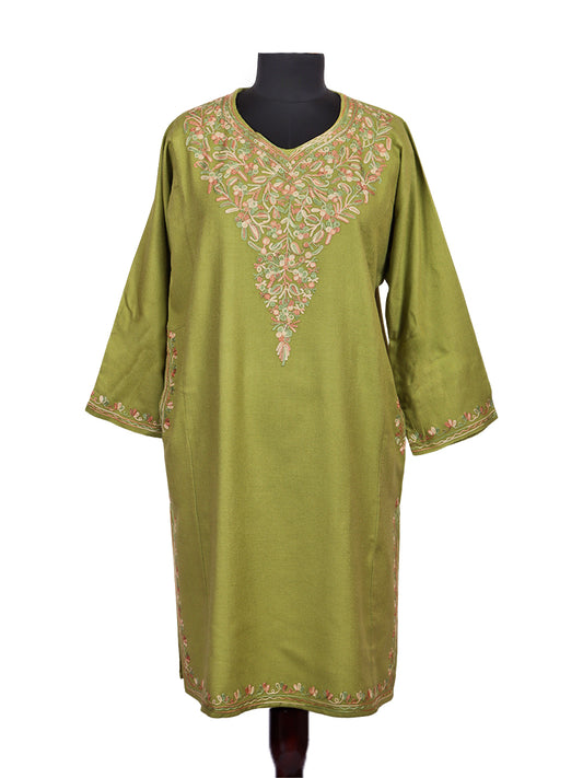 Pea Green Cashmilon Wool Aari Embroidered Kashmiri Pheran - Pehnava