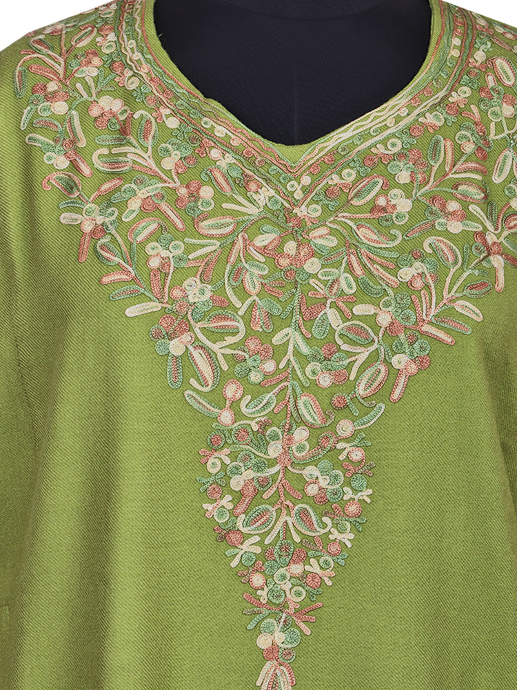 Pea Green Cashmilon Wool Aari Embroidered Kashmiri Pheran - Pehnava