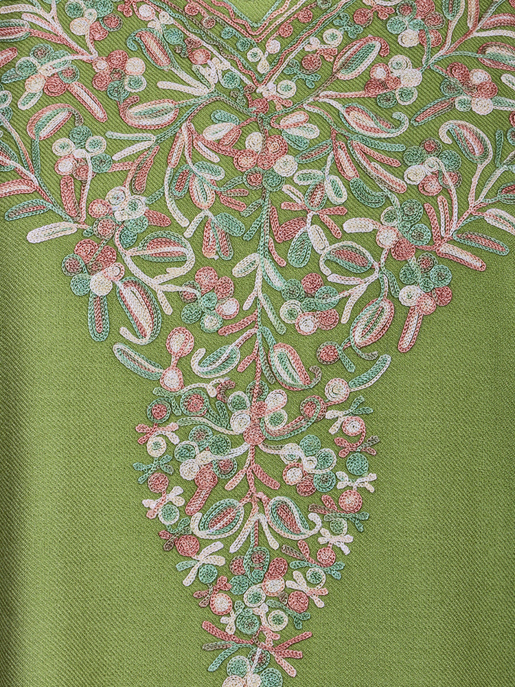 Pea Green Cashmilon Wool Aari Embroidered Kashmiri Pheran - Pehnava