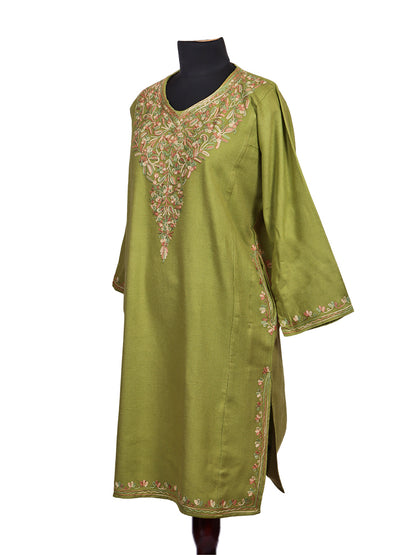 Pea Green Cashmilon Wool Aari Embroidered Kashmiri Pheran - Pehnava
