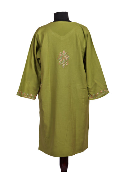 Pea Green Cashmilon Wool Aari Embroidered Kashmiri Pheran - Pehnava