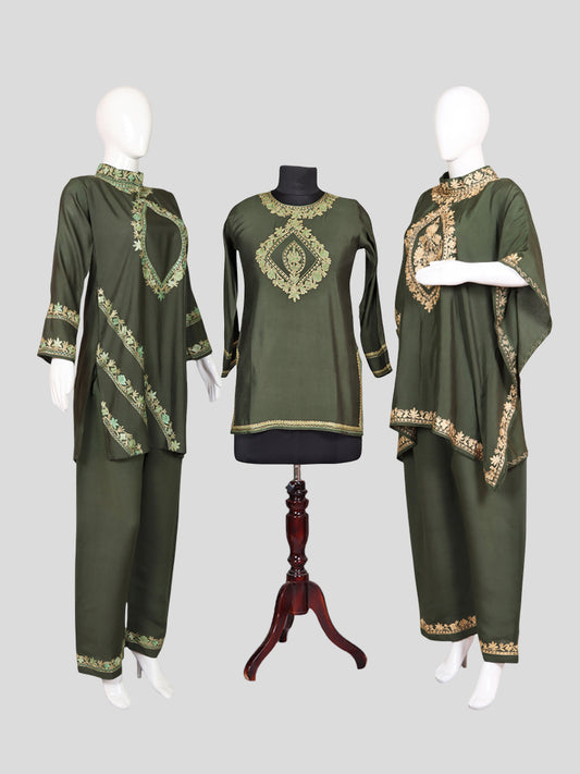 Zariya Lunar Green Silk Trio Edit - Kurti, Kaftan Set, & Coord Set