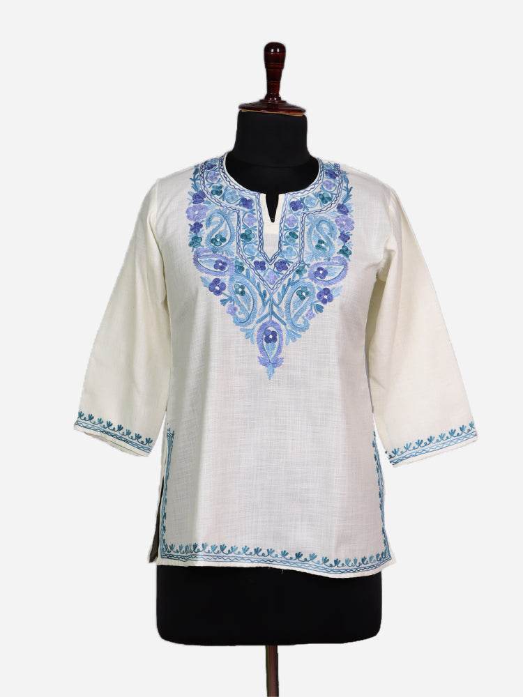 nAARI Soft Cream Kashmiri Aari Embroidered Cotton Kurti - Shopping in Kashmir