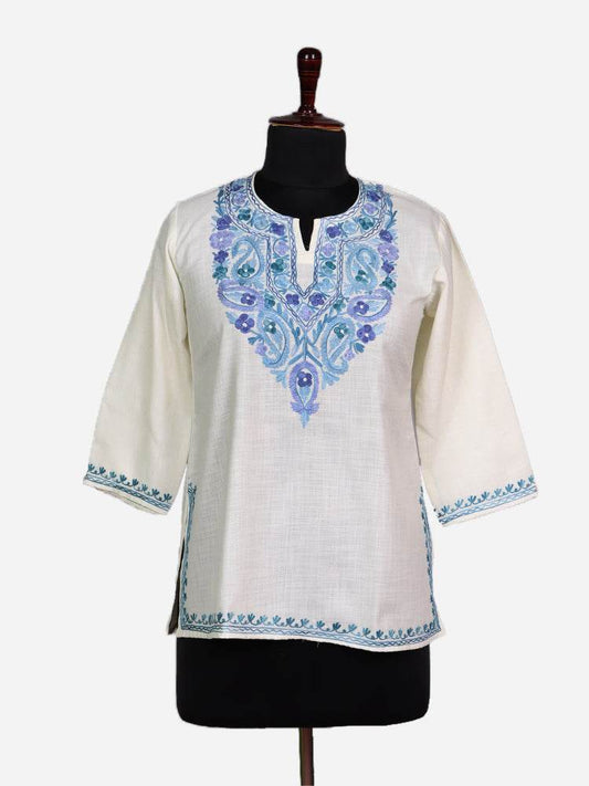 nAARI Soft Cream Kashmiri Aari Embroidered Cotton Kurti - Shopping in Kashmir