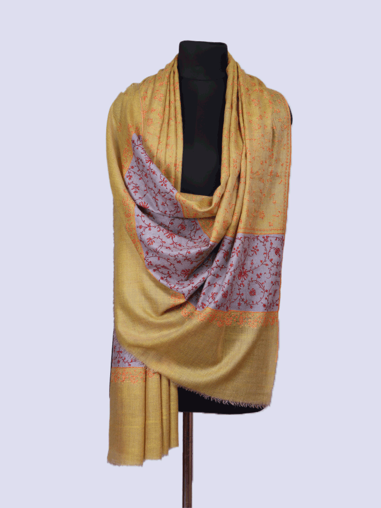 Mustard Lilac Jaalidaar Embroidered Pashmina Shawl. - Shopping in Kashmir