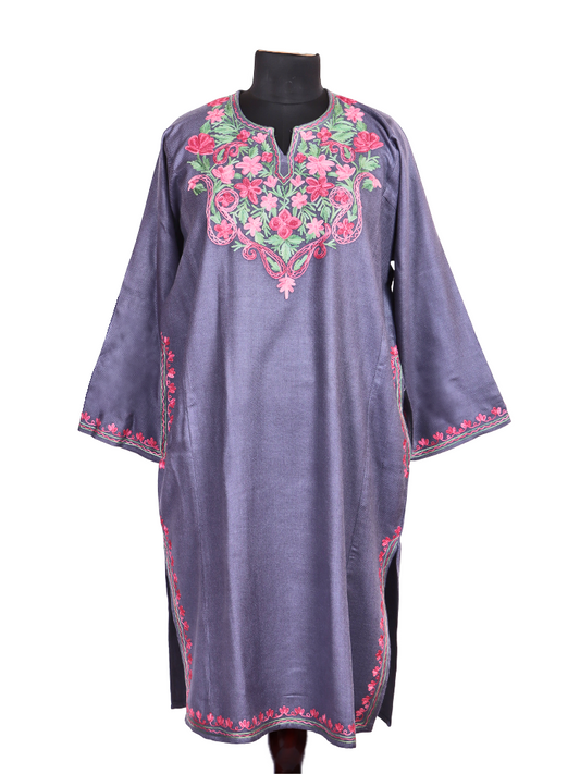 Lavender Purple Cashmilon Wool Aari Embroidered Kashmiri Pheran - Pehnava