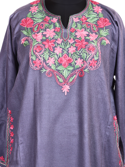 Lavender Purple Cashmilon Wool Aari Embroidered Kashmiri Pheran - Pehnava