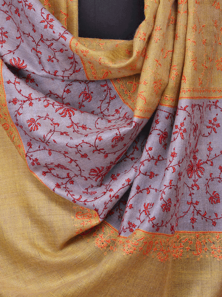 Mustard Lilac Jaalidaar Embroidered Pashmina Shawl. - Shopping in Kashmir