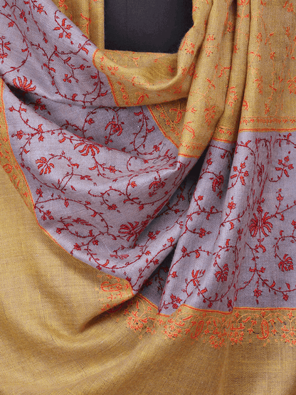 Mustard Lilac Jaalidaar Embroidered Pashmina Shawl. - Shopping in Kashmir
