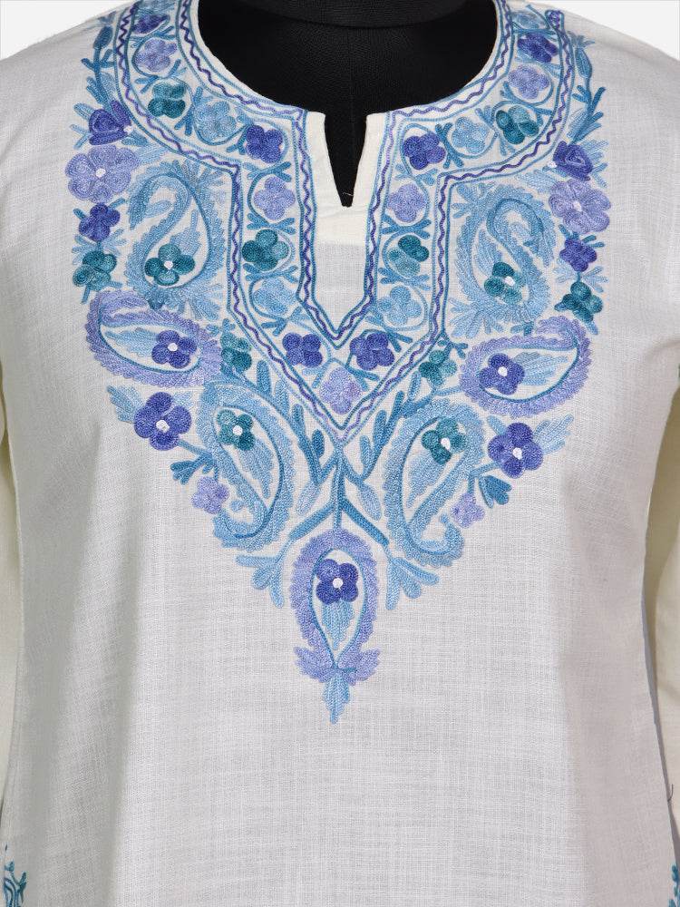 nAARI Soft Cream Kashmiri Aari Embroidered Cotton Kurti - Shopping in Kashmir
