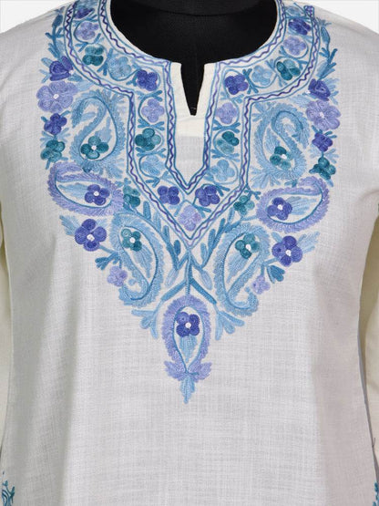nAARI Soft Cream Kashmiri Aari Embroidered Cotton Kurti - Shopping in Kashmir
