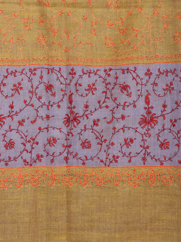 Mustard Lilac Jaalidaar Embroidered Pashmina Shawl. - Shopping in Kashmir