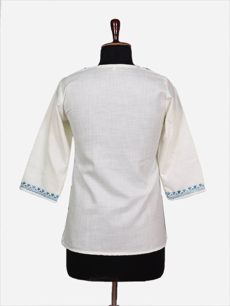nAARI Soft Cream Kashmiri Aari Embroidered Cotton Kurti - Shopping in Kashmir