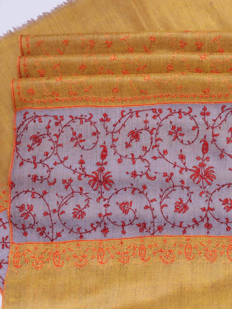 Mustard Lilac Jaalidaar Embroidered Pashmina Shawl. - Shopping in Kashmir