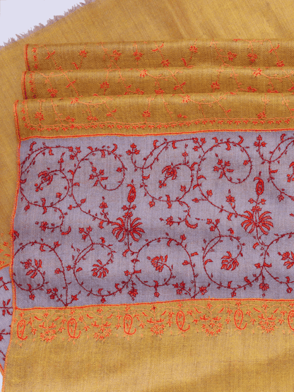 Mustard Lilac Jaalidaar Embroidered Pashmina Shawl. - Shopping in Kashmir