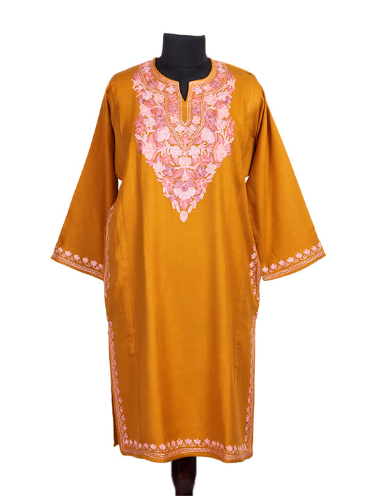 Golden Yellow Cashmilon Wool Aari Embroidered Kashmiri Pheran - Pehnava
