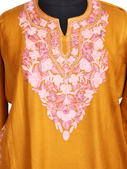 Golden Yellow Cashmilon Wool Aari Embroidered Kashmiri Pheran - Pehnava