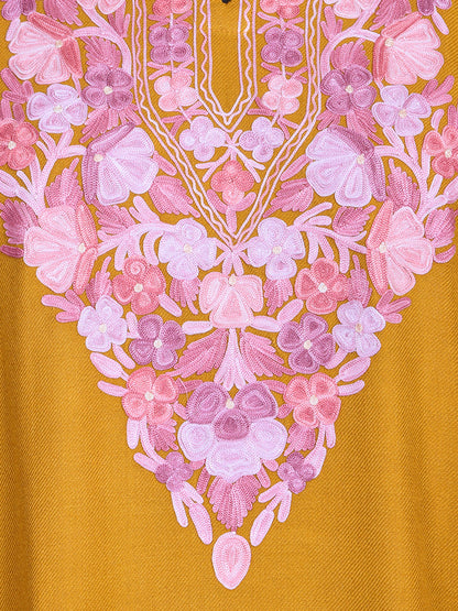Golden Yellow Cashmilon Wool Aari Embroidered Kashmiri Pheran - Pehnava