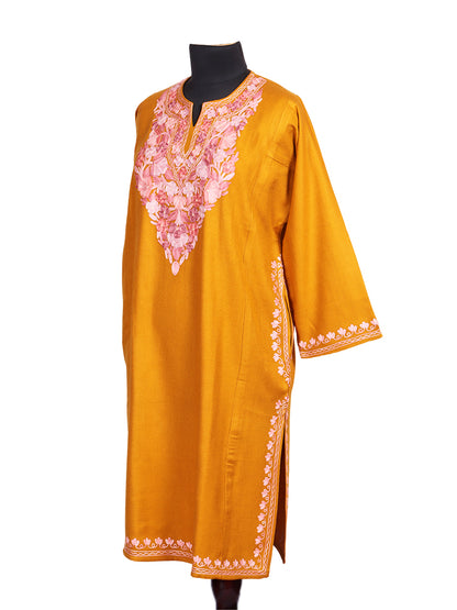 Golden Yellow Cashmilon Wool Aari Embroidered Kashmiri Pheran - Pehnava