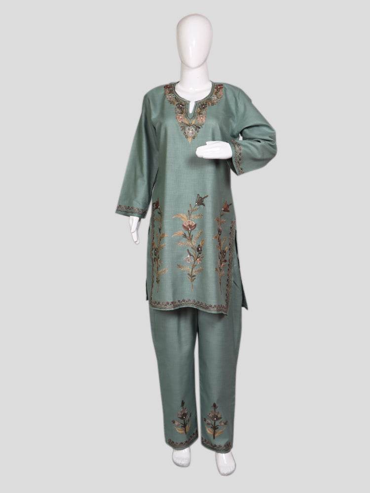 nAARI Kashmiri Aari Embroidered Steel Grey Cotton Coord Set - Shopping in Kashmir