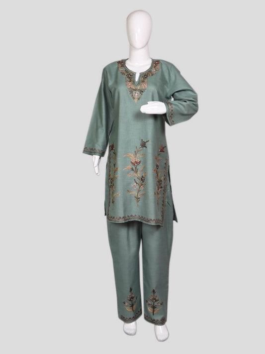 nAARI Kashmiri Aari Embroidered Steel Grey Cotton Coord Set - Shopping in Kashmir