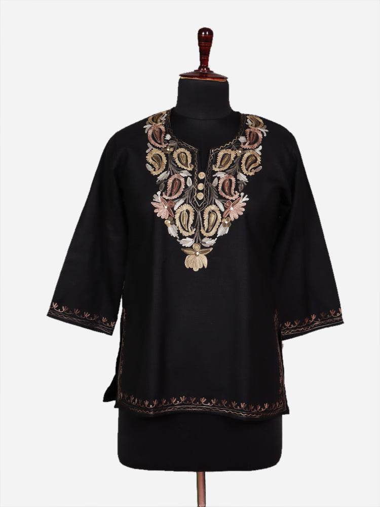nAARI Solid Jet Black Kashmiri Aari Embroidered Cotton Kurti - Shopping in Kashmir