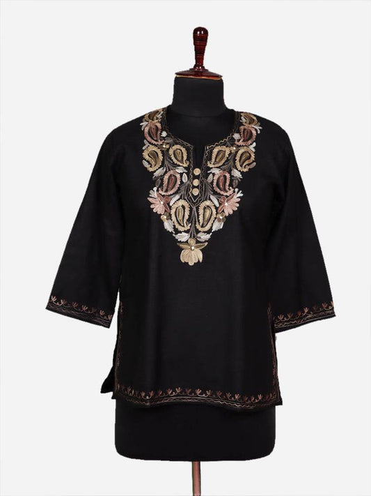 nAARI Solid Jet Black Kashmiri Aari Embroidered Cotton Kurti - Shopping in Kashmir