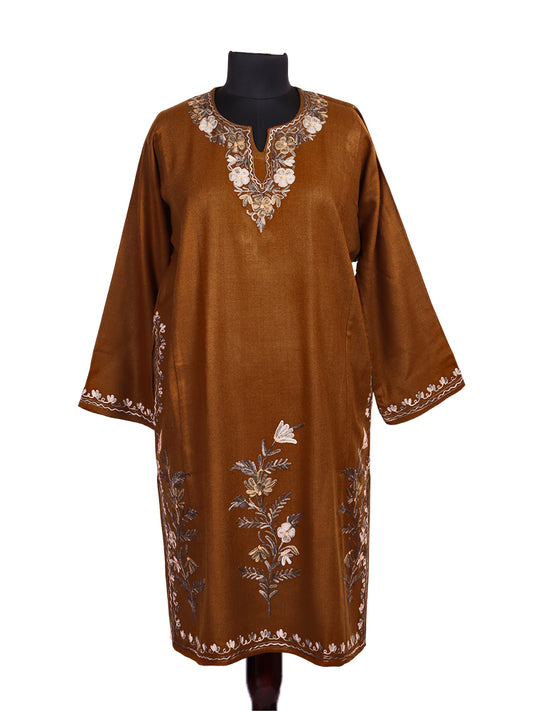 Chestnut Brown Cashmilon Wool Aari Embroidered Kashmiri Pheran - Pehnava