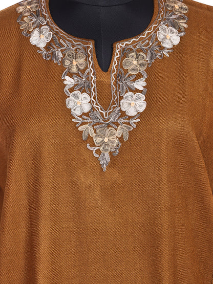 Chestnut Brown Cashmilon Wool Aari Embroidered Kashmiri Pheran - Pehnava