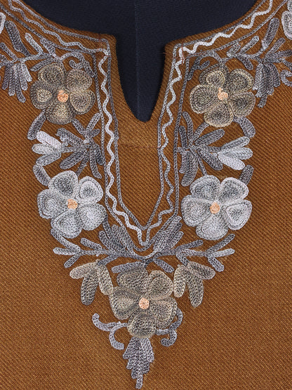 Chestnut Brown Cashmilon Wool Aari Embroidered Kashmiri Pheran - Pehnava