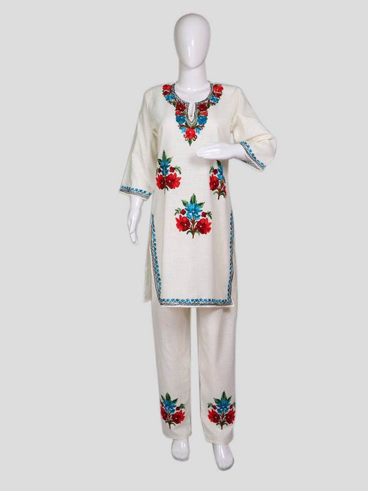 nAARI Kashmiri Aari Embroidered Pearl White Cotton Coord Set - Shopping in Kashmir