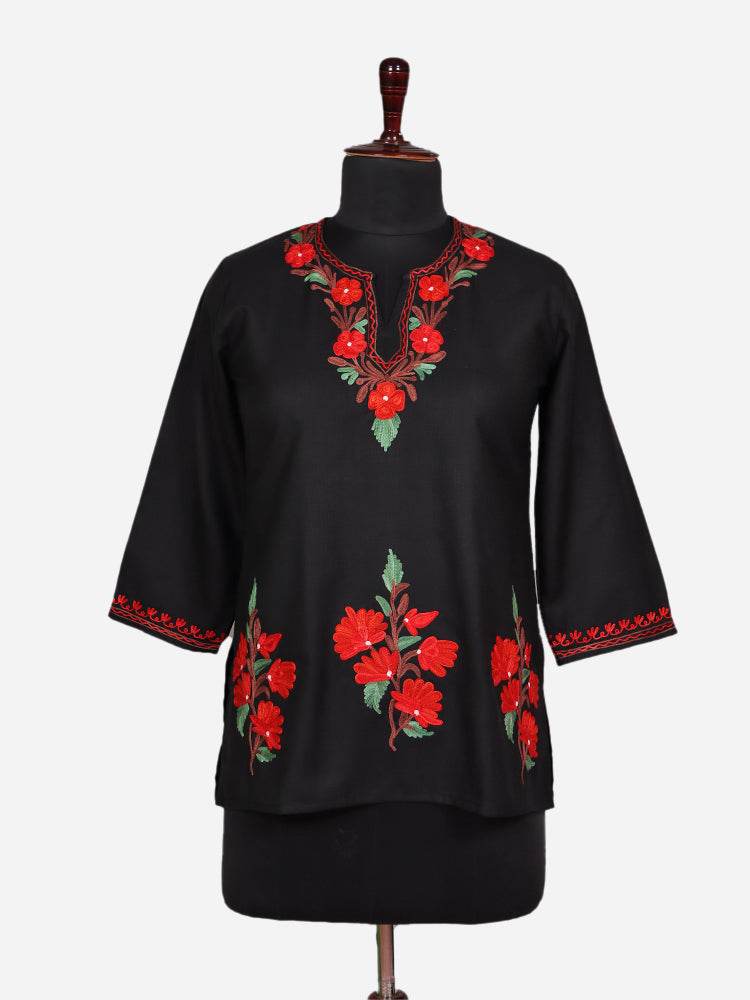 nAARI Classic Black Kashmiri Aari Embroidered Cotton Kurti - Shopping in Kashmir