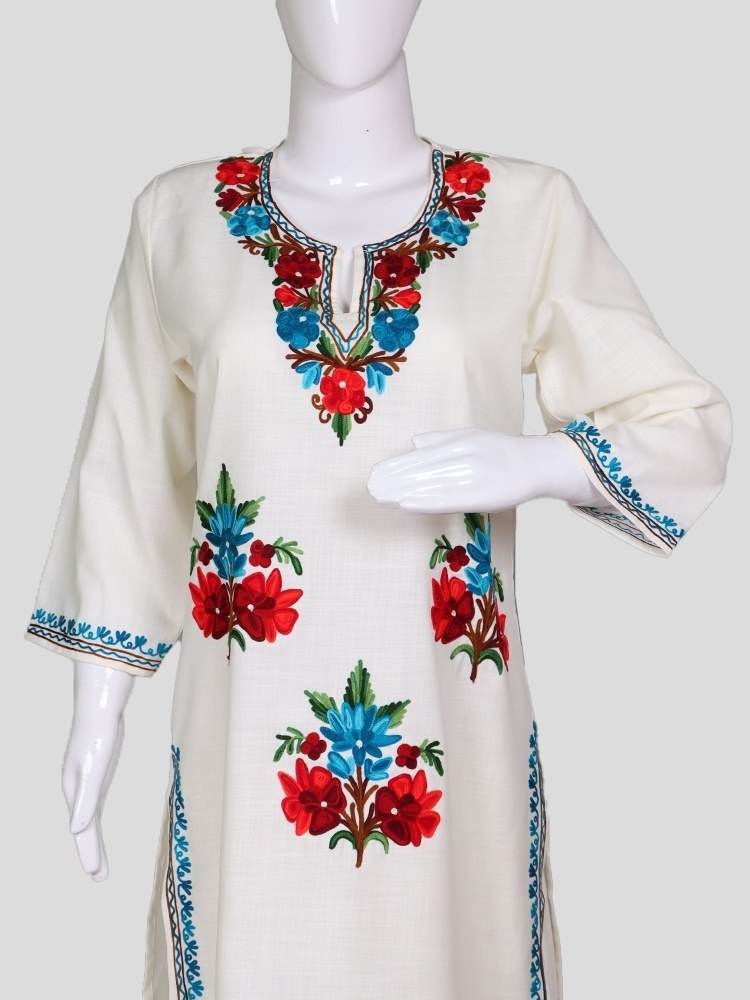 nAARI Kashmiri Aari Embroidered Pearl White Cotton Coord Set - Shopping in Kashmir