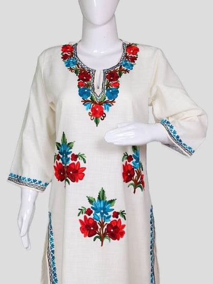 nAARI Kashmiri Aari Embroidered Pearl White Cotton Coord Set - Shopping in Kashmir