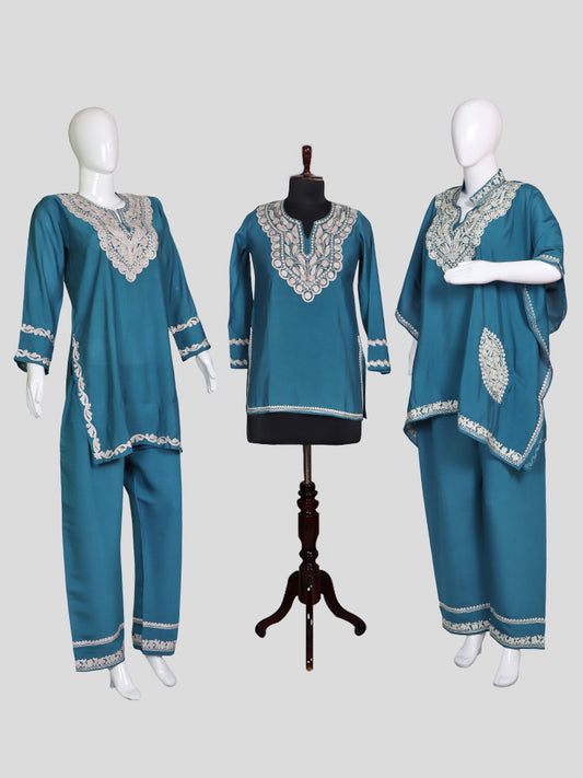 Zariya Ferozi Blue Silk Trio Edit - Kurti, Kaftan Set, & Coord Set