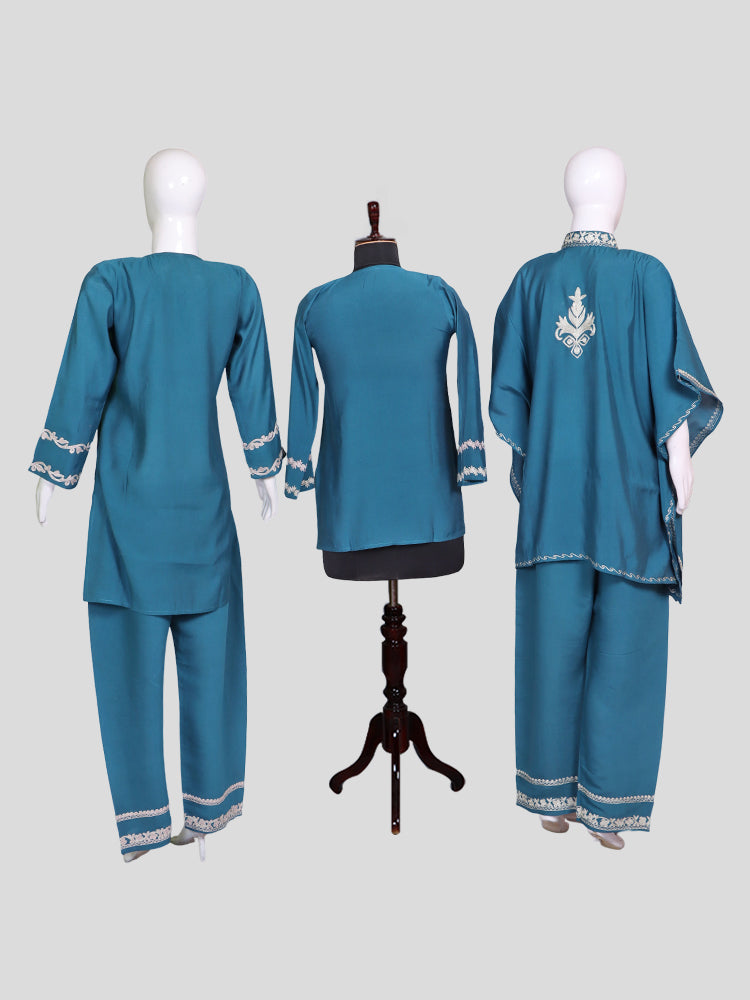 Zariya Ferozi Blue Silk Trio Edit - Kurti, Kaftan Set, & Coord Set