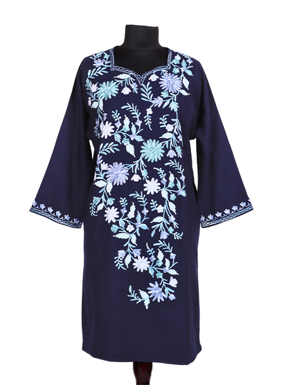 Royal Blue Cashmilon Wool Aari Embroidered Kashmiri Pheran - Pehnava