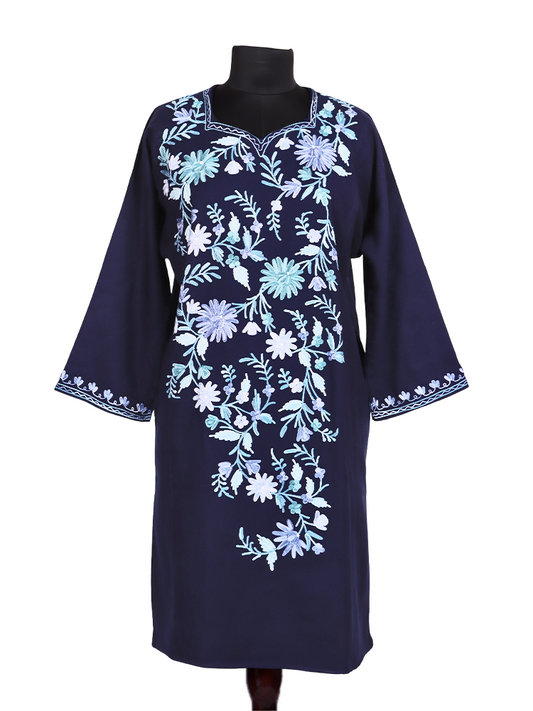 Royal Blue Cashmilon Wool Aari Embroidered Kashmiri Pheran - Pehnava