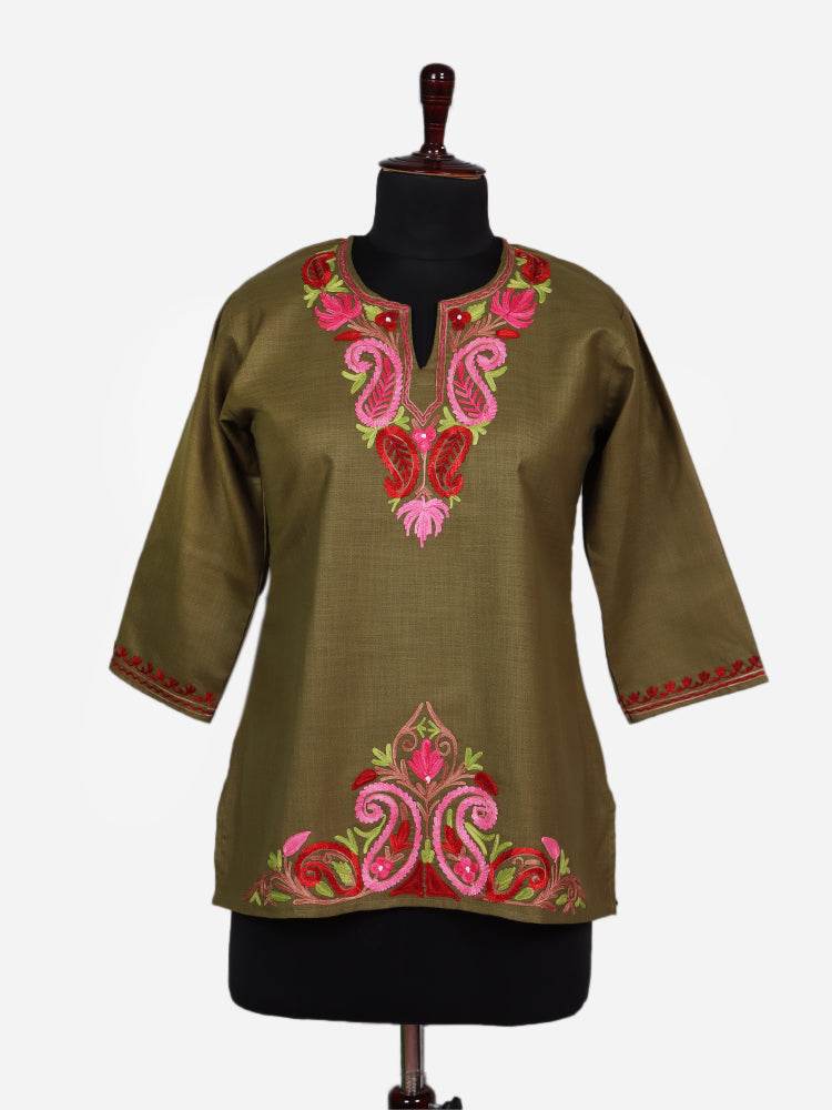 nAARI Olive Green Kashmiri Aari Embroidered Cotton Kurti - Shopping in Kashmir