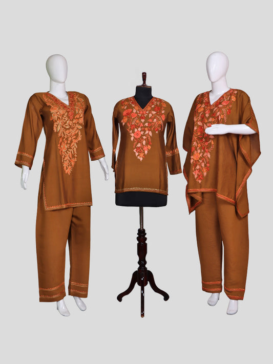 Zariya Tan Brown Silk Trio Edit - Kurti, Kaftan Set, & Coord Set