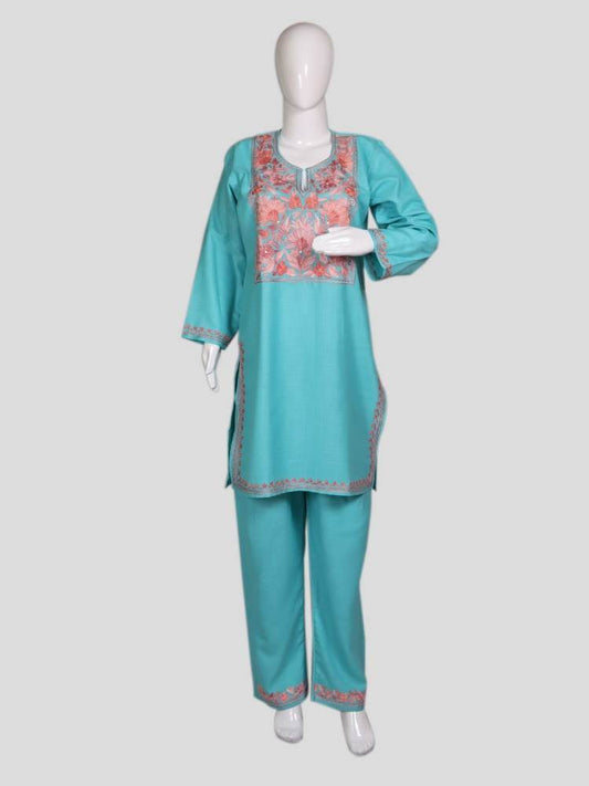 nAARI Kashmiri Aari Embroidered Turquoise Blue Cotton Coord Set - Shopping in Kashmir