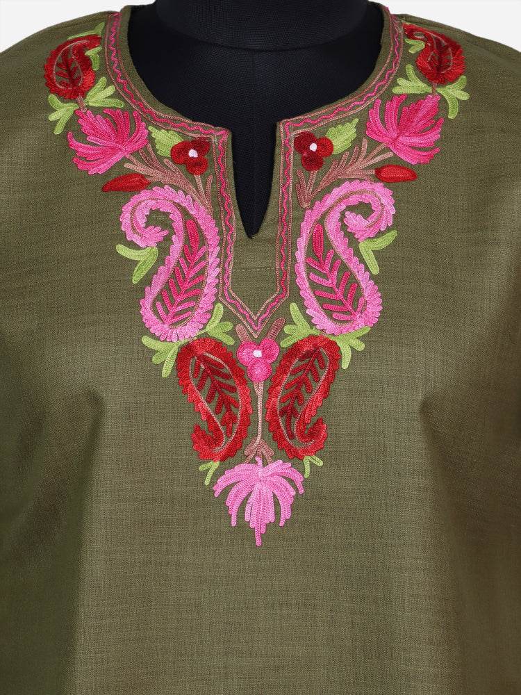 nAARI Olive Green Kashmiri Aari Embroidered Cotton Kurti - Shopping in Kashmir