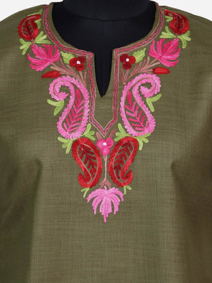 nAARI Olive Green Kashmiri Aari Embroidered Cotton Kurti - Shopping in Kashmir
