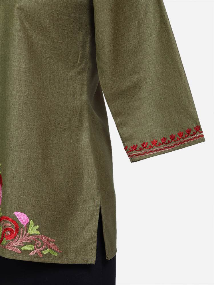nAARI Olive Green Kashmiri Aari Embroidered Cotton Kurti - Shopping in Kashmir