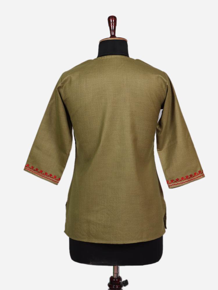 nAARI Olive Green Kashmiri Aari Embroidered Cotton Kurti - Shopping in Kashmir