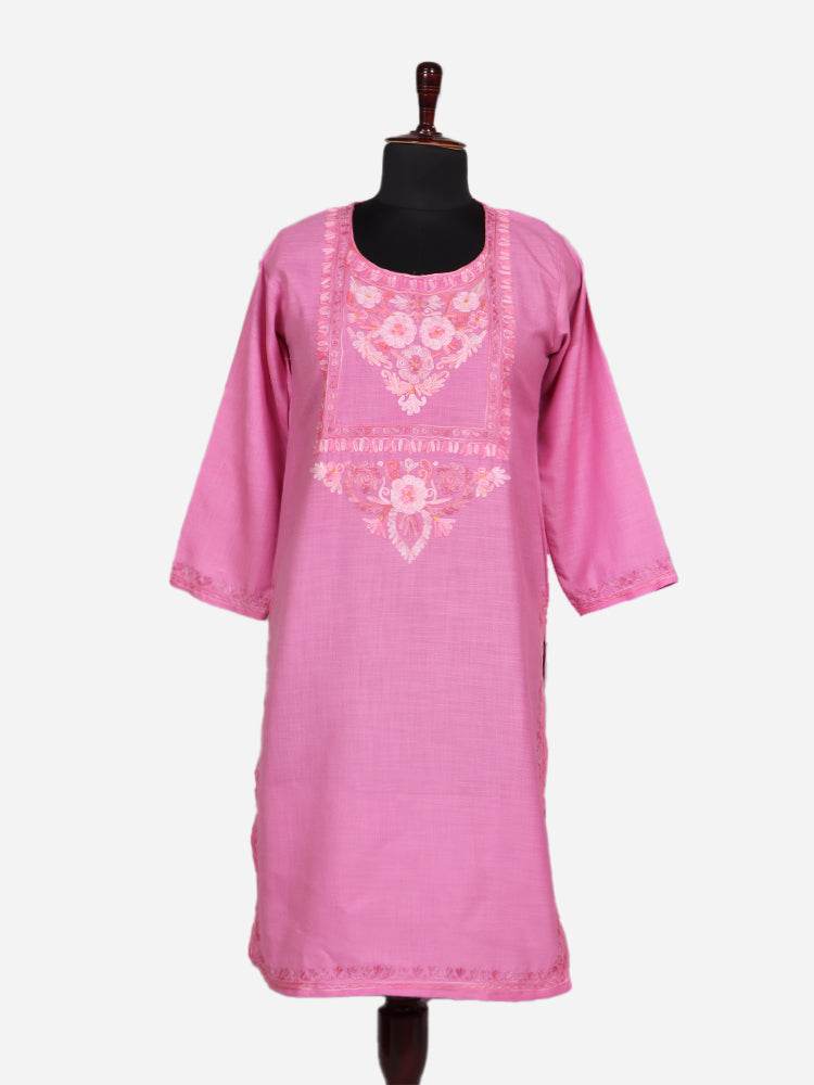 nAARI Tulip Pink Kashmiri Aari Embroidered Cotton Kurti - Shopping in Kashmir