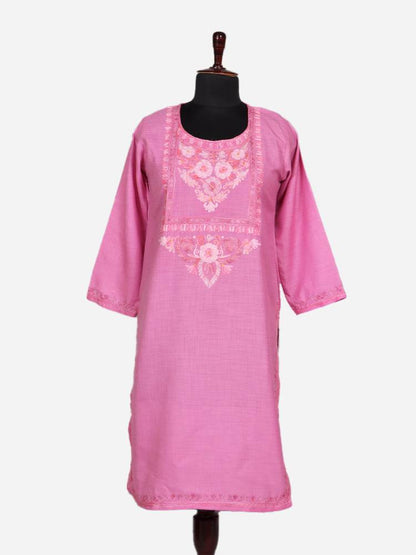 nAARI Tulip Pink Kashmiri Aari Embroidered Cotton Kurti - Shopping in Kashmir